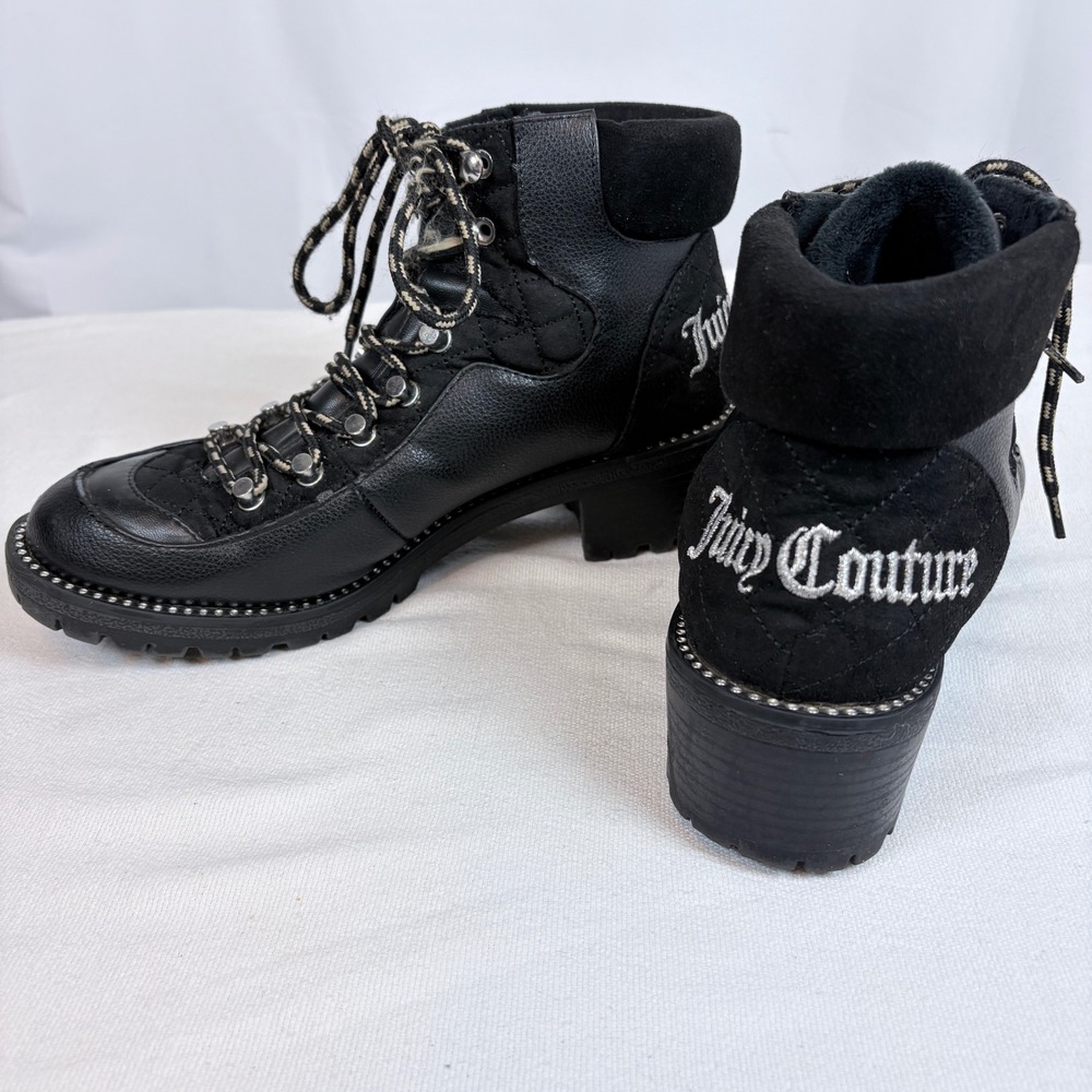 Juicy Couture JC Indulgence Black Hiking Combat Ankle Boots Logo Chunky Lug 9M